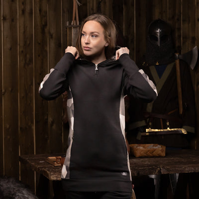 Damen Hoodie Half-Zip, Schwarz und Tarnmuster