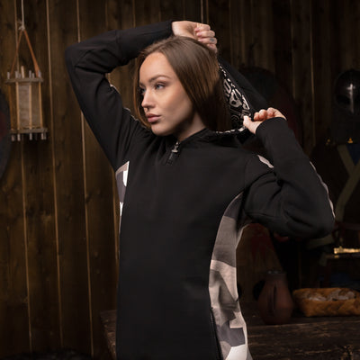 Damen Hoodie Half-Zip, Schwarz und Tarnmuster