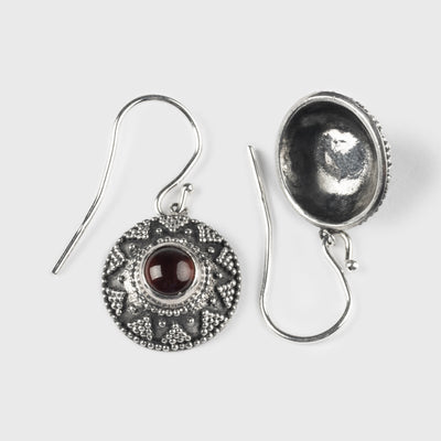 Premium Granulation Earrings, Garnet Silver