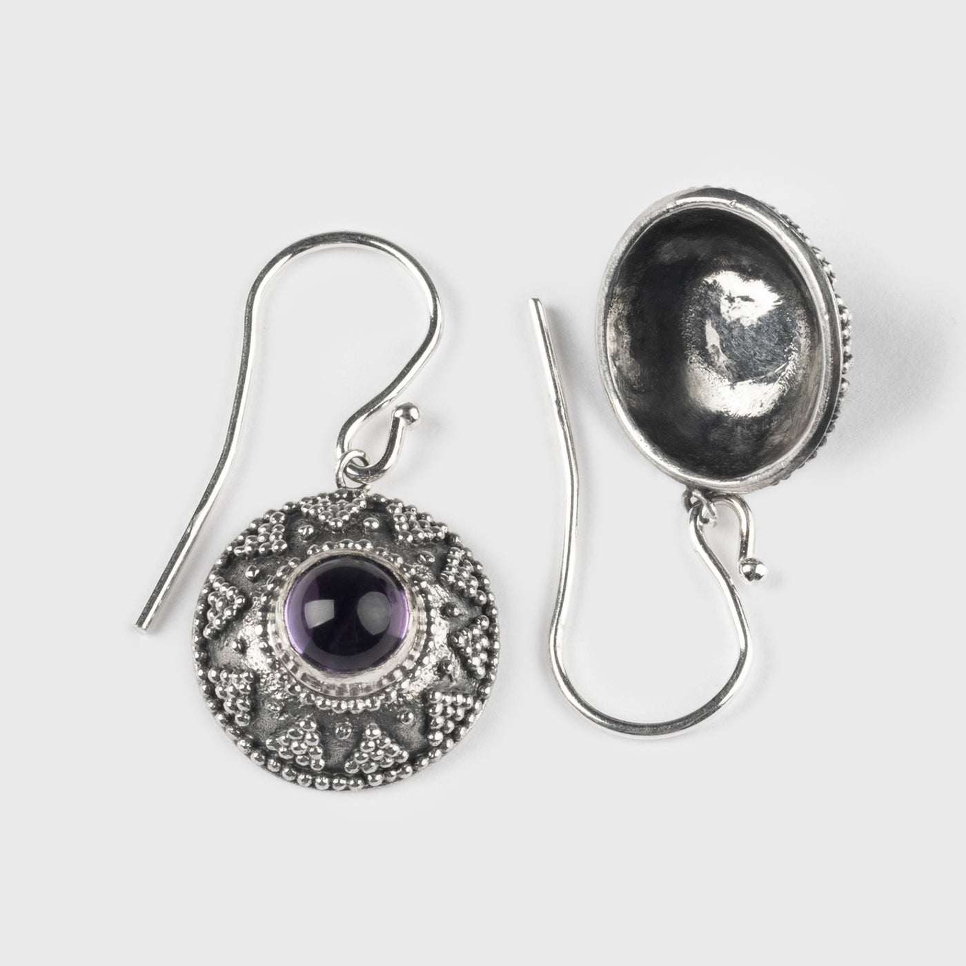 Premium Granulation Earrings, Amethyst Silver