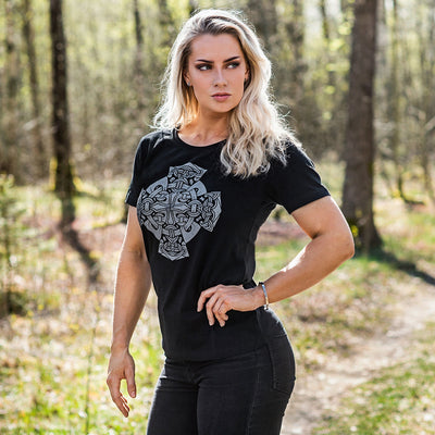 Damen Premium Tee, Mjolnir Wheel, Schwarz