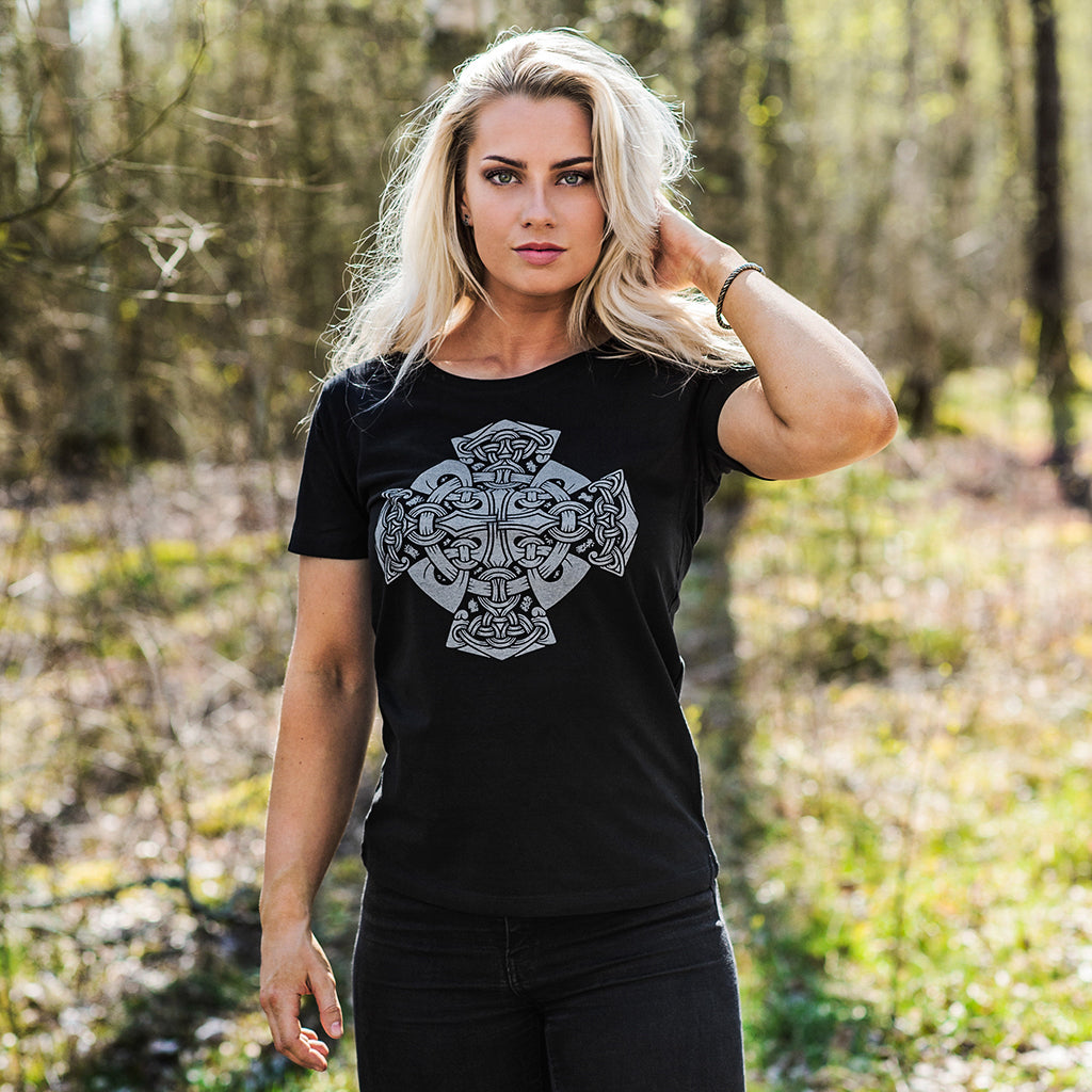 Damen Premium Tee, Mjolnir Wheel, Schwarz