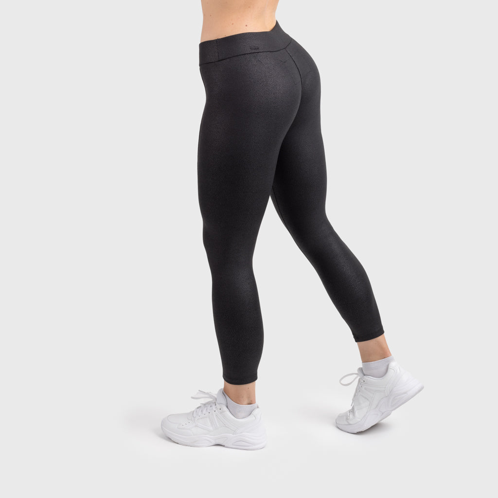 Medium Waist Leggings, Leather Look, Black