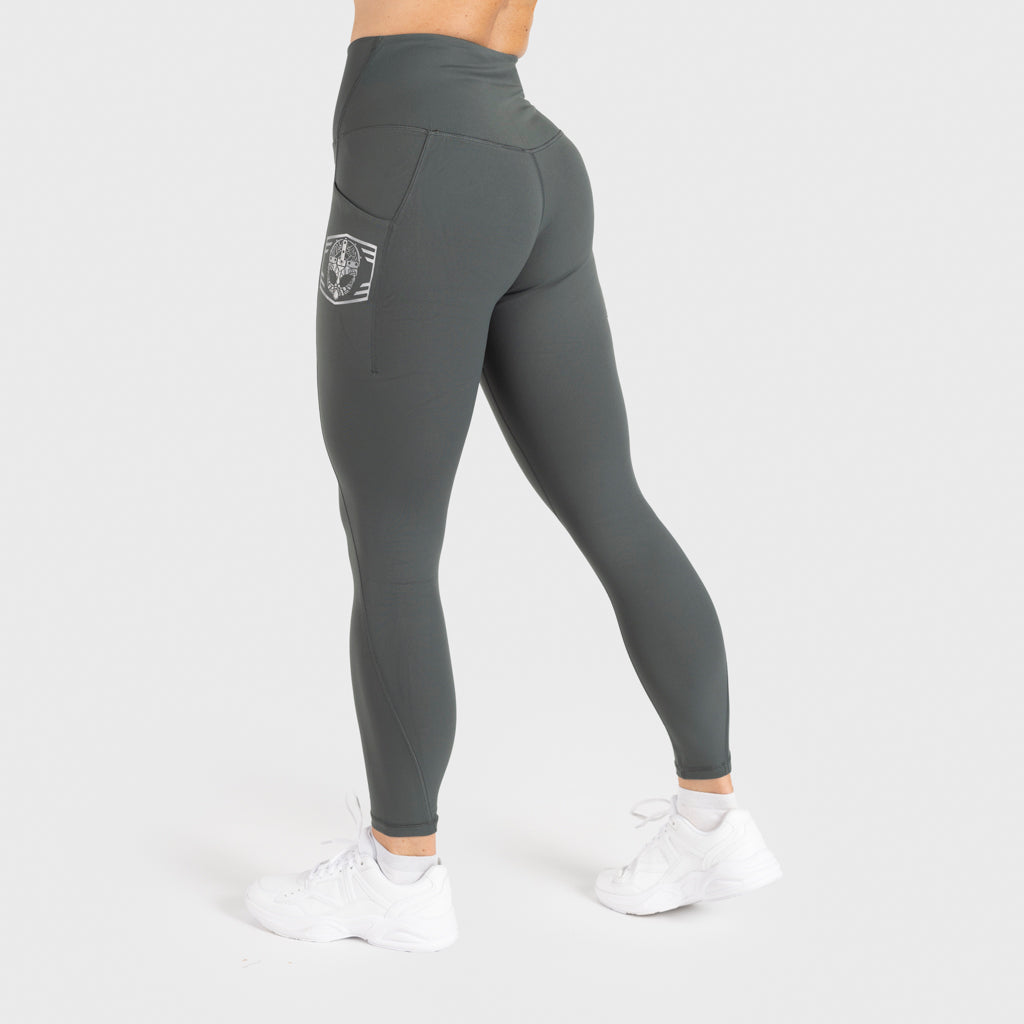 High Waisted Clan Helmet Leggings, Smokey Green