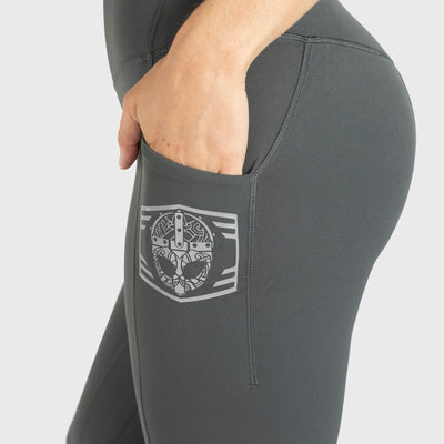 High Waisted Clan Helmet Leggings, Smokey Green