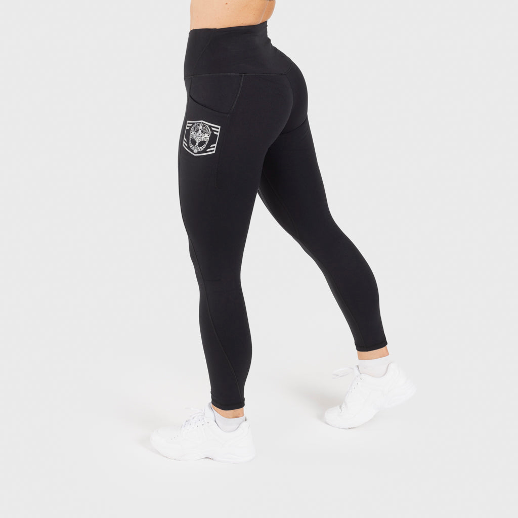 High Waisted Clan Helmet Leggings, Black